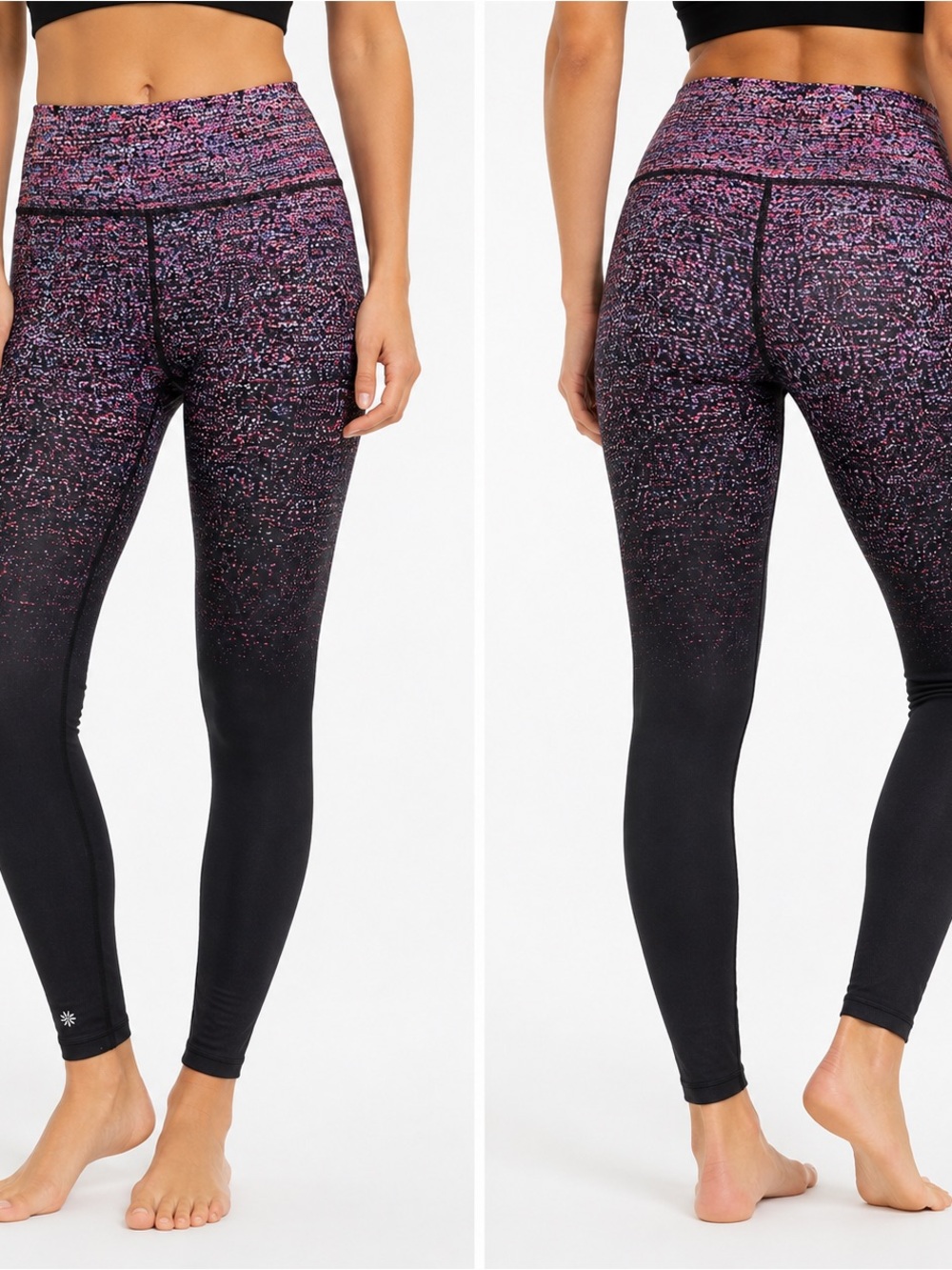 Athleta Black Leggings with Pink & Purple Speckle Print‎